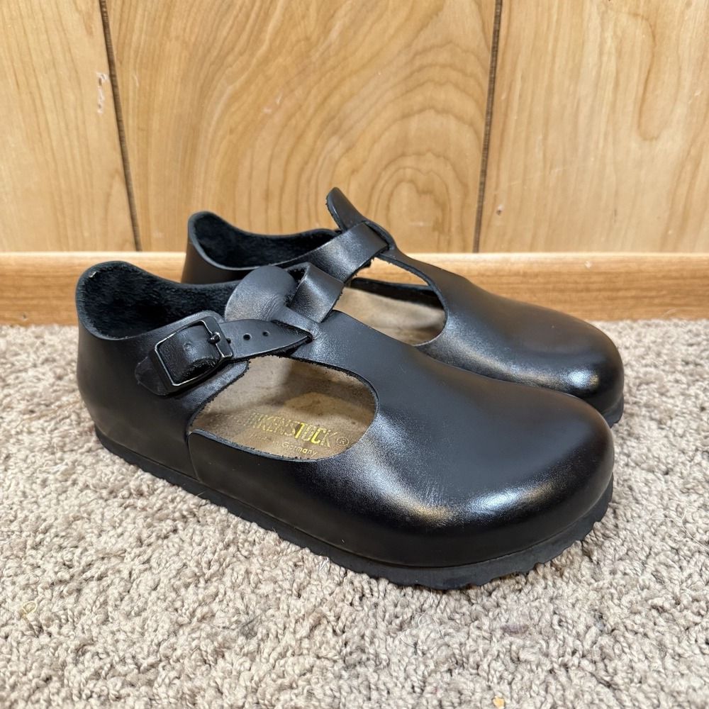 BIRKENSTOCK PARIS Mary Jane Flat T Strap Shoes Black Leather Sz US 6 Size 37